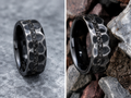 Cosmic Iron Handcrafted Hammered Black Tungsten Ring with Genuine Campo del Cielo Meteorite
