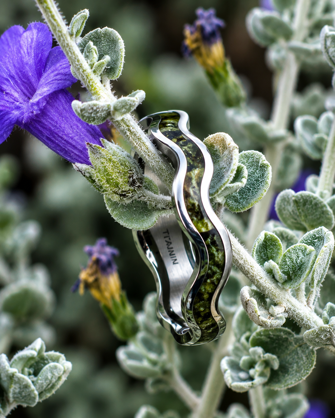 Green Tide Titanium Ring with Genuine Nephrite Jade
