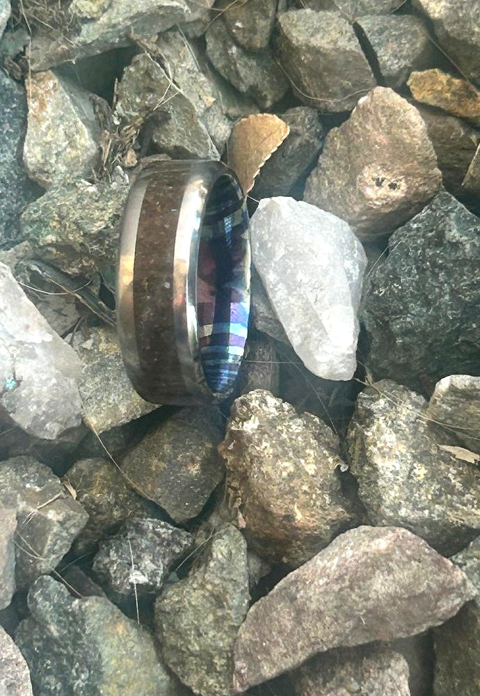 Jurassic Ember– Damascus Steel Dinosaur Bone & Amber Ring