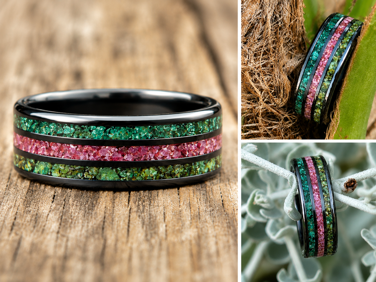Jade • Emerald • Ruby — One-of-One Size 10 | Black Ceramic | 3-Channel Inlay
